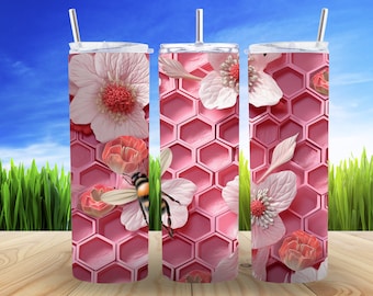 3D Pink Flower Bee Honeycomb 20 oz Skinny Tumbler Sublimation Design, Instant Digital Download PNG, Straight Tumbler Wrap.