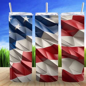 May include: Three stainless steel tumblers with a geometric American flag design. The tumblers are red, white, and blue.