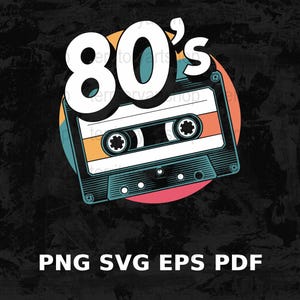 Arte em fita cassete retrô dos anos 80, download instantâneo digital, decoração de parede com tema musical dos anos 80, design vintage dos anos 80 para impressão png svg eps pdf