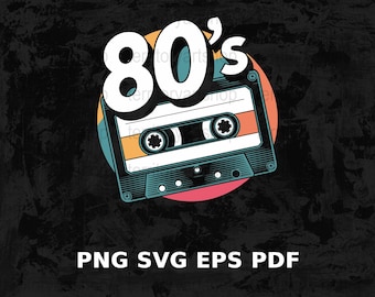 May include: A retro-style graphic design featuring the text "80's" in white against a black background. The text is overlaid on a vintage cassette tape with a colorful design. The text "PNG SVG EPS PDF" is at the bottom of the image.