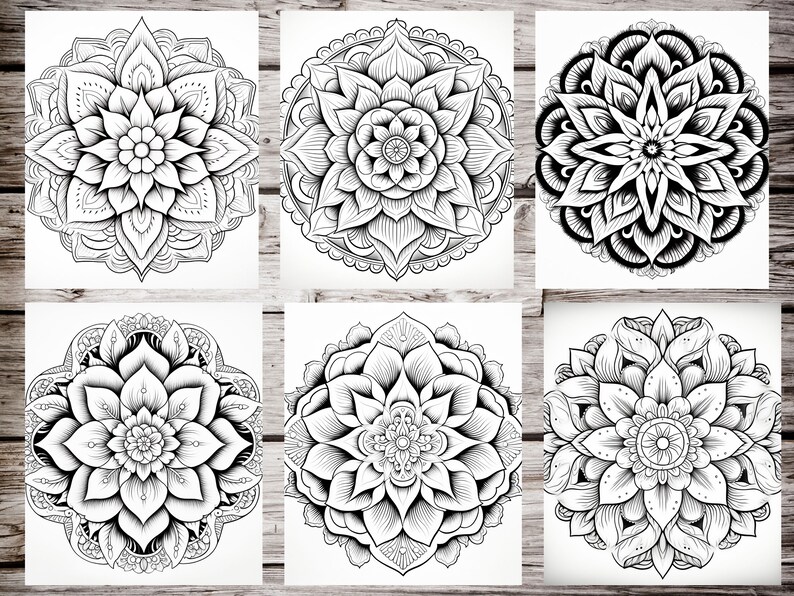 May include: Six black and white mandala designs with intricate floral patterns. The mandalas are circular and have a symmetrical design.
