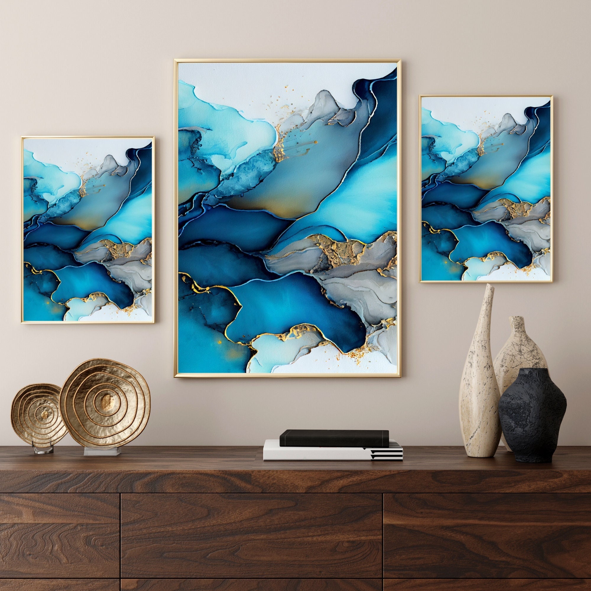 Blue Gold Agate Geode Wall Art Print, Abstract Marble Decor (digital ...