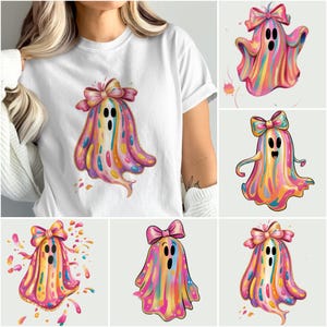 Simpatico fantasma con fiocco PNG, fantasma pastello PNG, fantasma colorato, fantasma di Halloween PNG, stagione spettrale PNG, kawaii PNG, femminile PNG, trendy PNG