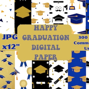 Happy Graduation Day Digital Paper Seamless Pattern Class of 2023 Schwarz Weiß Golden Gelb Digital Grad Paper Hintergründe Sofort Download