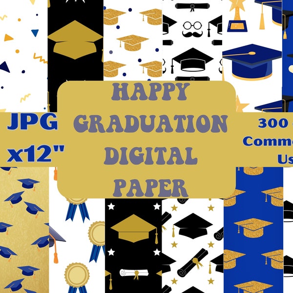 Happy Graduation Day Digital Paper Seamless Pattern Class of 2023 Black White Golden Yellow Digital Grad Paper Backgrounds Instant Download