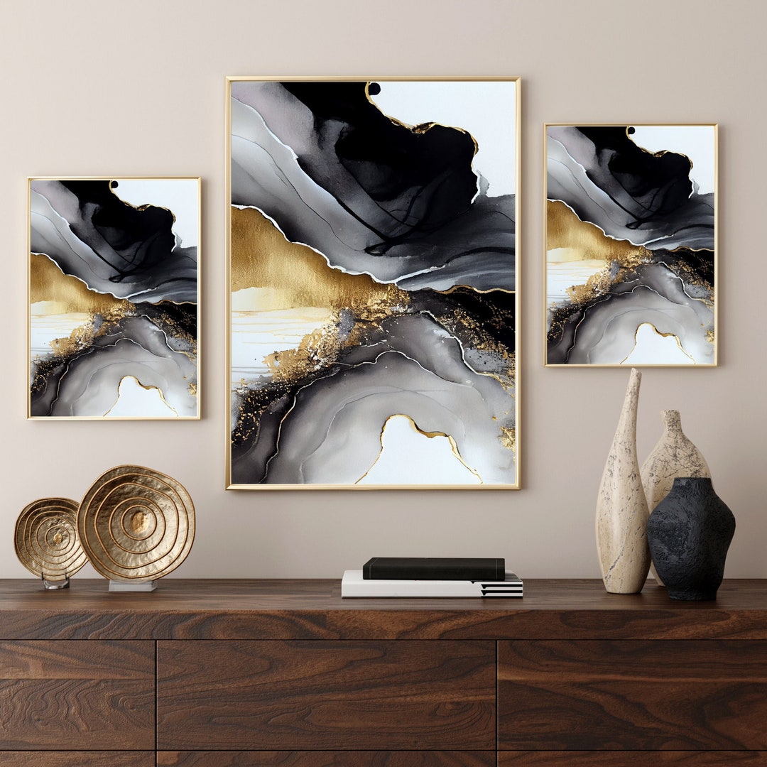 Black Gold Abstract Wall Art, Black Gold Marble Art Prints , Black Gold