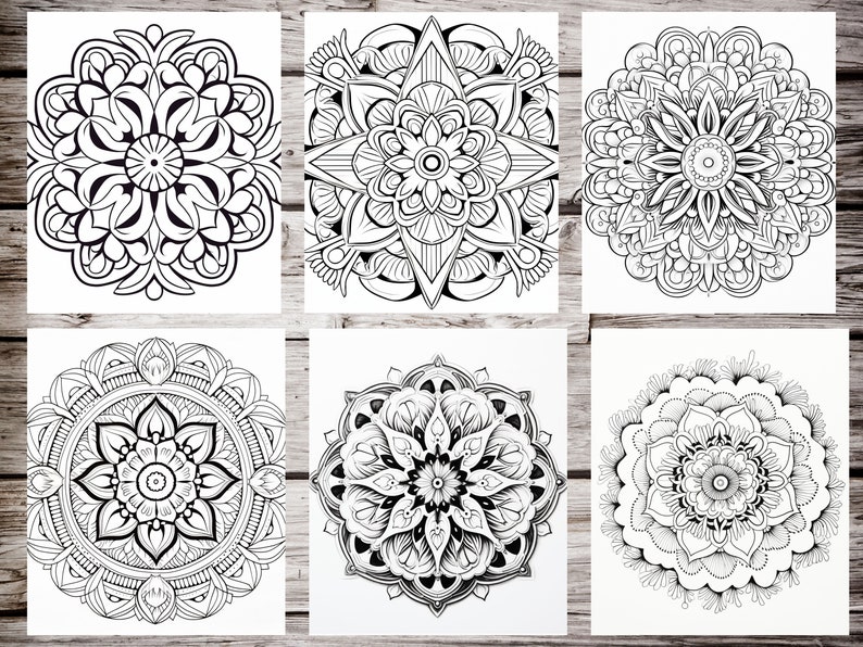 May include: Six black and white mandala designs on a wood background. Each mandala is intricate and detailed, featuring a variety of geometric shapes and patterns.