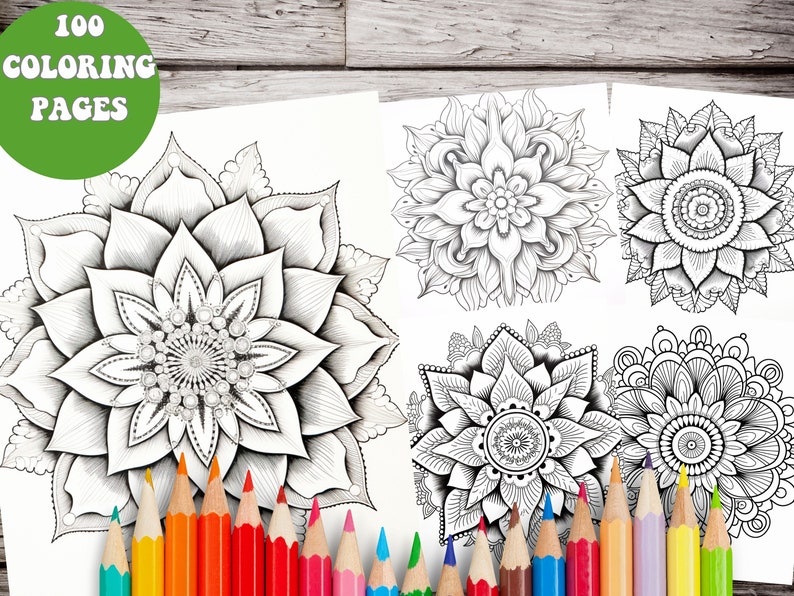 May include: A set of five black and white mandala coloring pages featuring intricate floral designs. The pages are surrounded by colored pencils.