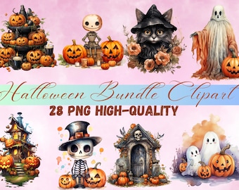28 PNG Watercolour Vintage Halloween Bundle Clipart, Retro Halloween Illustrations Clip art, Fall Witchcraft png, Autumn Pumpkin Sublimation