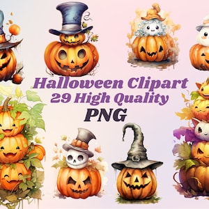 29 Halloween Clipart Bundle, mignon Halloween Clipart, citrouilles, citrouille Kawaii, fantôme Png, sublimation d’Halloween, automne, automne, PNG, citrouille pkin