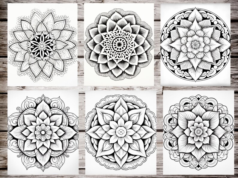 May include: Six black and white mandala designs with intricate patterns. The mandalas are circular and feature floral and geometric motifs.