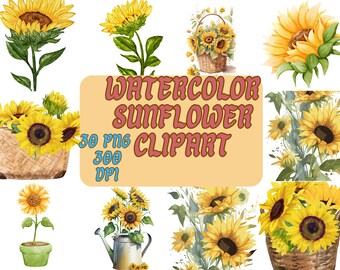Imágenes prediseñadas de girasoles en acuarela, ramos florales, uso comercial (PNG digital)