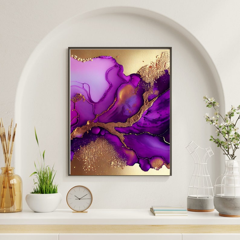 Agate Geode Wall Art Purple Gold Abstract Art Prints Purple Etsy
