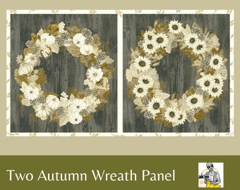 Autumn Wreath Fabric Panel: Pumpkins, Sunflowers, Barnwood - Robert Kaufman