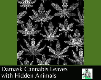 Cannabis fabric ~ Timeless Treasures ~ Black White Gray Damask Weed Hidden Animals ~ Bird Dragonfly Dolphin Seahorse Bunny Unicorn Scorpion+