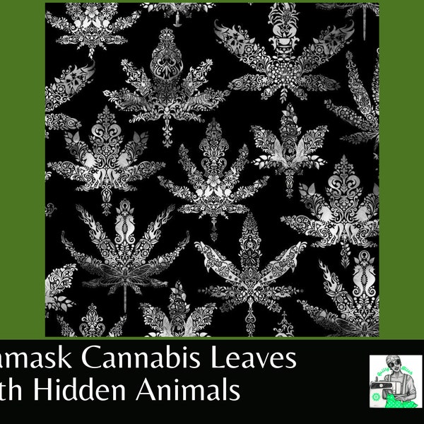 Cannabis fabric ~ Timeless Treasures ~ Black White Gray Damask Weed Hidden Animals ~ Bird Dragonfly Dolphin Seahorse Bunny Unicorn Scorpion+