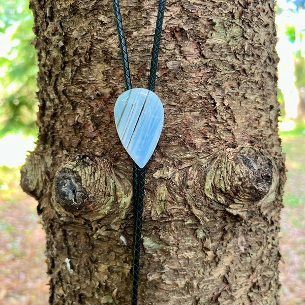 Bolo tie - owyhee blue opal tear shaped stone - black braided vegan leather - gunmetal grey tips