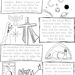 May include: Black and white illustration of a religious story about Jesus Christ. The illustration depicts Jesus on the cross, his ascension into heaven, and his judgment of the living and the dead. The text describes the story of Jesus's life and death, and the beliefs of the Christian faith.