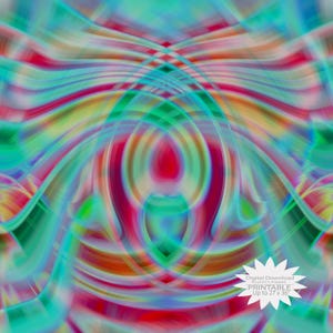 May include: Abstract digital art print with swirling lines in shades of teal, red, green, and yellow. The design features a central oval shape with radiating patterns. The image includes the text "Digital Download Printable Up to 27 x 36".