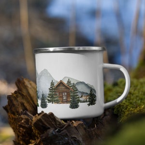 Cabin in the Mountains Enamel Mug, 12oz Mountain Cabin Mug, Rustic Cabin Enamel Mug