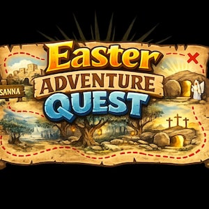 以下が含まれることがあります： イースターアドベンチャークエストのカラフルなイラスト。羊皮紙の地図に、黄色と青色のタイトル、都市、木々、天使のいる墓が描かれています。「Hosanna」という言葉も含まれています。