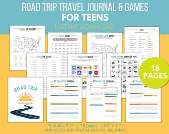 Diario de viaje y juegos para adolescentes, Diario de viaje imprimible, Juegos de viaje por carretera, Búsqueda del tesoro de viaje, Bingo, I-Spy