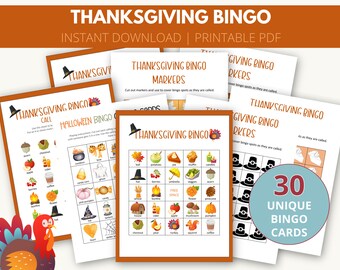 May include: A set of 30 printable Thanksgiving Bingo cards featuring a range of Thanksgiving-themed images, such as pumpkins, turkeys, acorns, and pie. The cards are designed for a fun and festive game to enjoy during the holiday season.