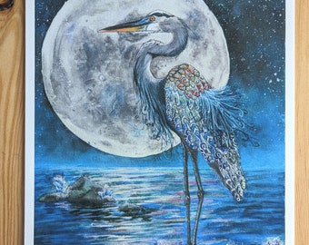 Into the depths of the blue heron, Fine art print of blue heron, magical, mystical, fantasy, spiritual art, visionary art