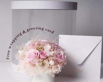 Preserved Pink Flower Bouquet, Forever Roses, Carnations in Concrete Vase, Mini Bouquet Gift Wrapping Free Shipp, Gift for Mom, Mother Day
