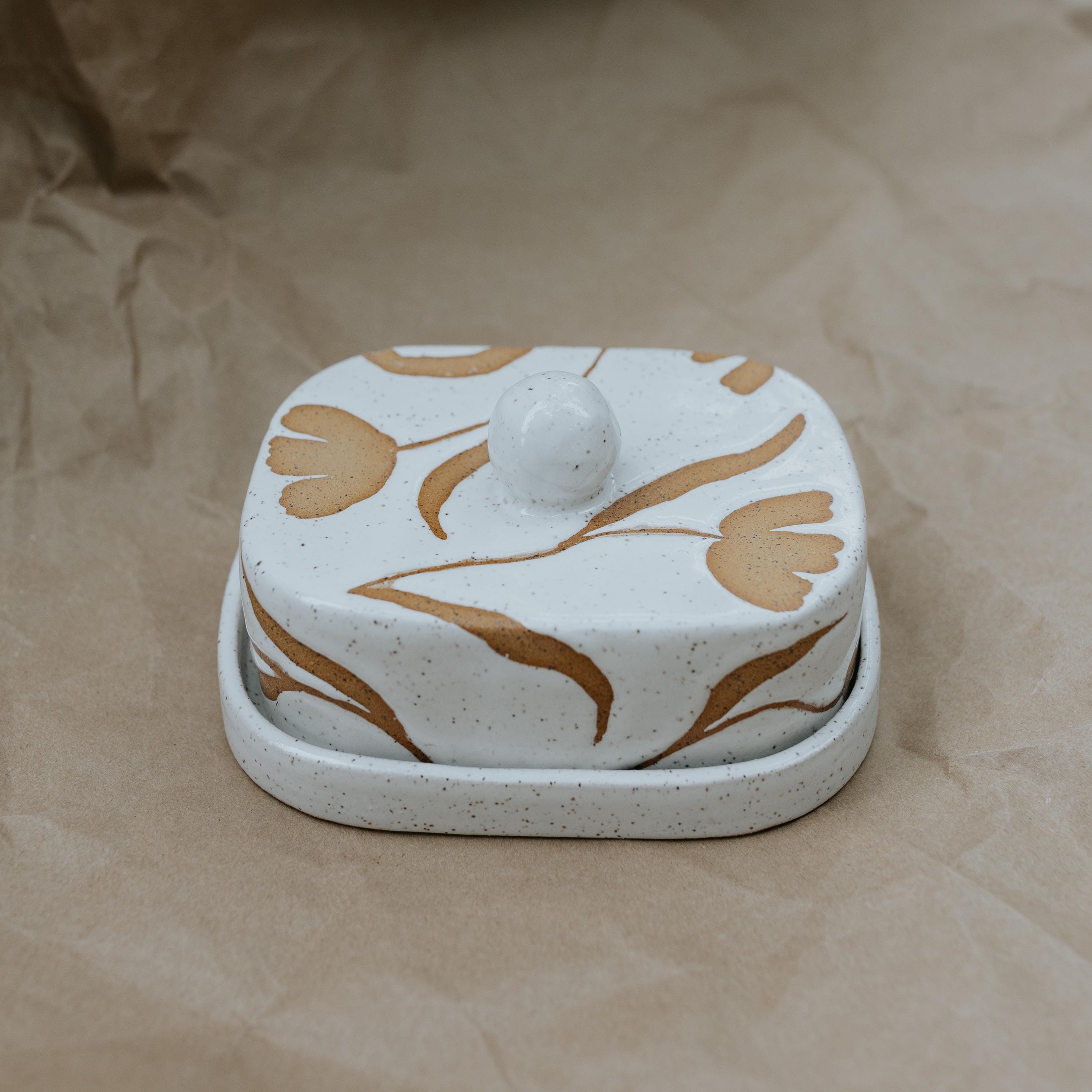 Hand-Painted Floral Design Stoneware Butter Dish main image 0