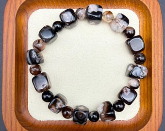 Black Flower Agate Square Bead Stretch Bracelet | 10mm | Natural Agate