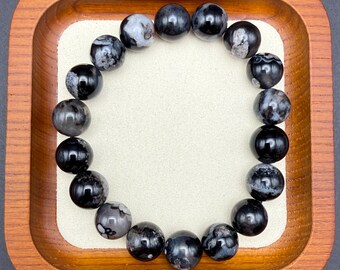 Black Flower Agate Stretch Bracelet | 11mm | Natural Agate