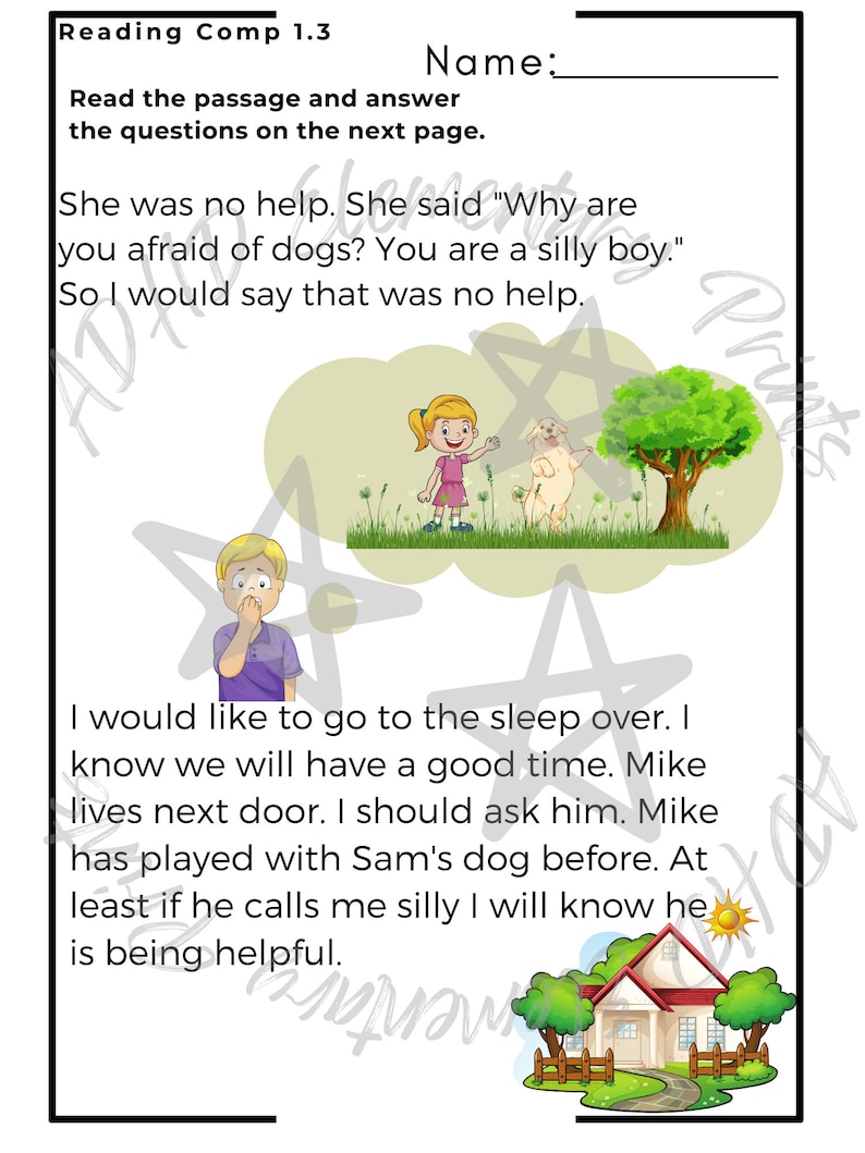 May include: A children's book illustration with a boy and a girl. The boy is afraid of a dog. The text reads "She was no help. She said "Why are you afraid of dogs? You are a silly boy." So I would say that was no help."  The text continues "I would like to go to the sleep over. I know we will have a good time. Mike lives next door. I should ask him. Mike has played with Sam's dog before. At least if he calls me silly I will know he is being helpful."
