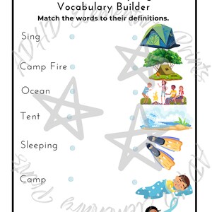 May include: A printable worksheet for kids to match camping vocabulary words to their definitions. The worksheet features illustrations of a tent, a campfire, a sleeping bag, flippers, and a girl singing.