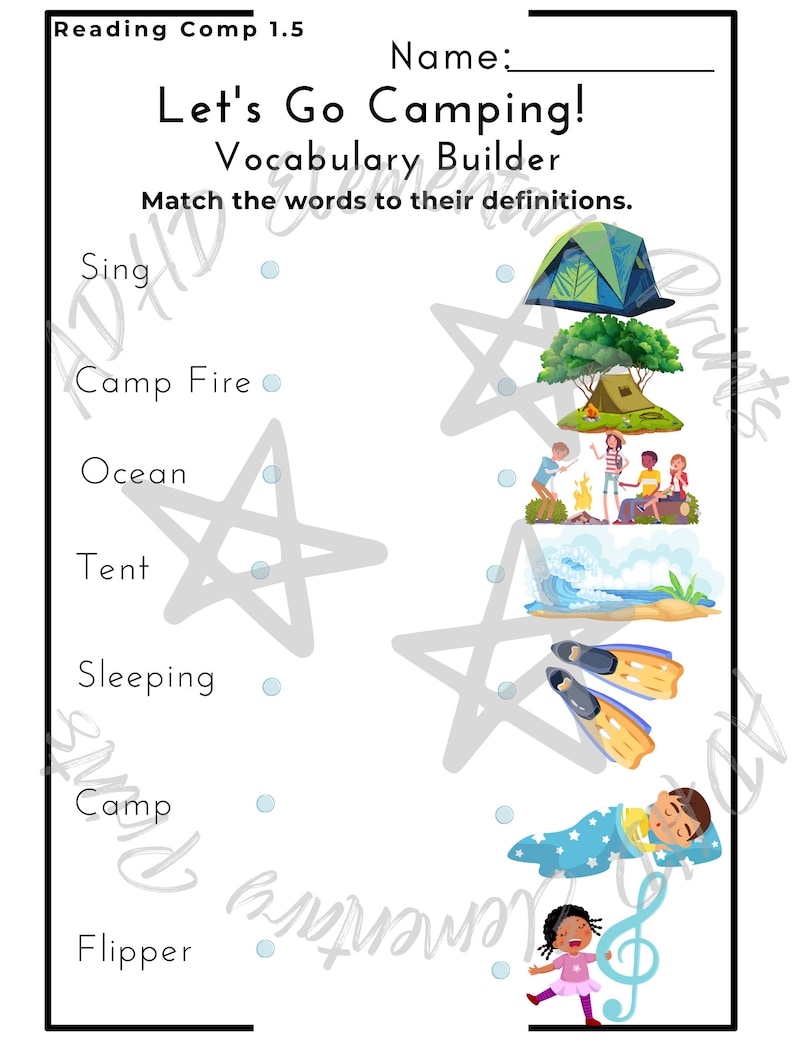 May include: A printable worksheet for kids to match camping vocabulary words to their definitions. The worksheet features illustrations of a tent, a campfire, a sleeping bag, flippers, and a girl singing.