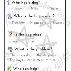 May include: A reading comprehension worksheet with five questions about a story. The questions are numbered 1 through 5 and have multiple choice answers. The worksheet is printed on white paper with a light blue border.