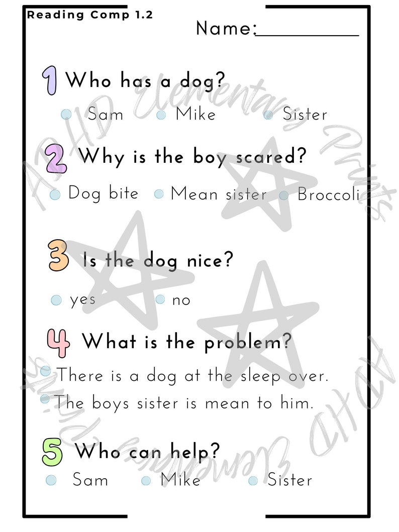 May include: A reading comprehension worksheet with five questions about a story. The questions are numbered 1 through 5 and have multiple choice answers. The worksheet is printed on white paper with a light blue border.
