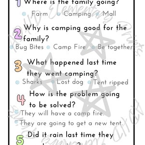 May include: A printable worksheet with five multiple choice questions about camping. The questions are: 1. Where is the family going? 2. Why is camping good for the family? 3. What happened last time they went camping? 4. How is the problem going to be solved? 5. Did it rain last time they went camping?