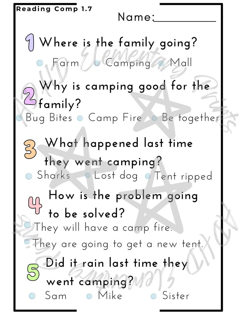 May include: A printable worksheet with five multiple choice questions about camping. The questions are: 1. Where is the family going? 2. Why is camping good for the family? 3. What happened last time they went camping? 4. How is the problem going to be solved? 5. Did it rain last time they went camping?