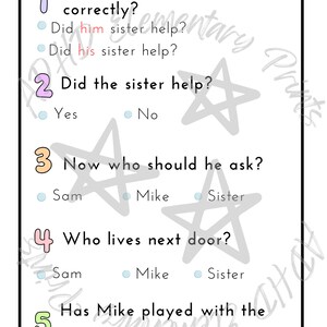 May include: A printable worksheet with five multiple choice questions. The questions are about a story, and the answers are in the form of circles with a dot in the center. The worksheet is decorated with stars.