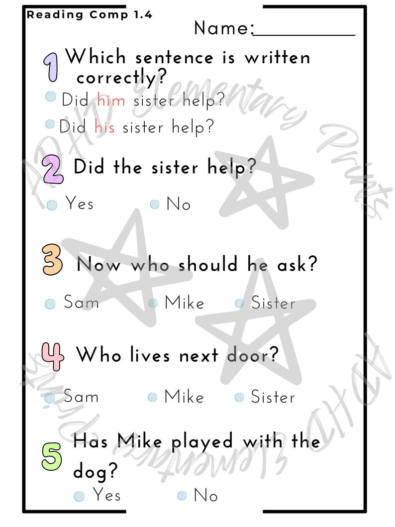 May include: A printable worksheet with five multiple choice questions. The questions are about a story, and the answers are in the form of circles with a dot in the center. The worksheet is decorated with stars.
