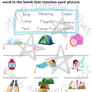 May include: A worksheet with illustrations of camping and beach activities. The worksheet asks the user to match the words to the pictures. The words include: sing, sleeping, ocean, camp, flipper, camera, tent, camp fire, and lantern.