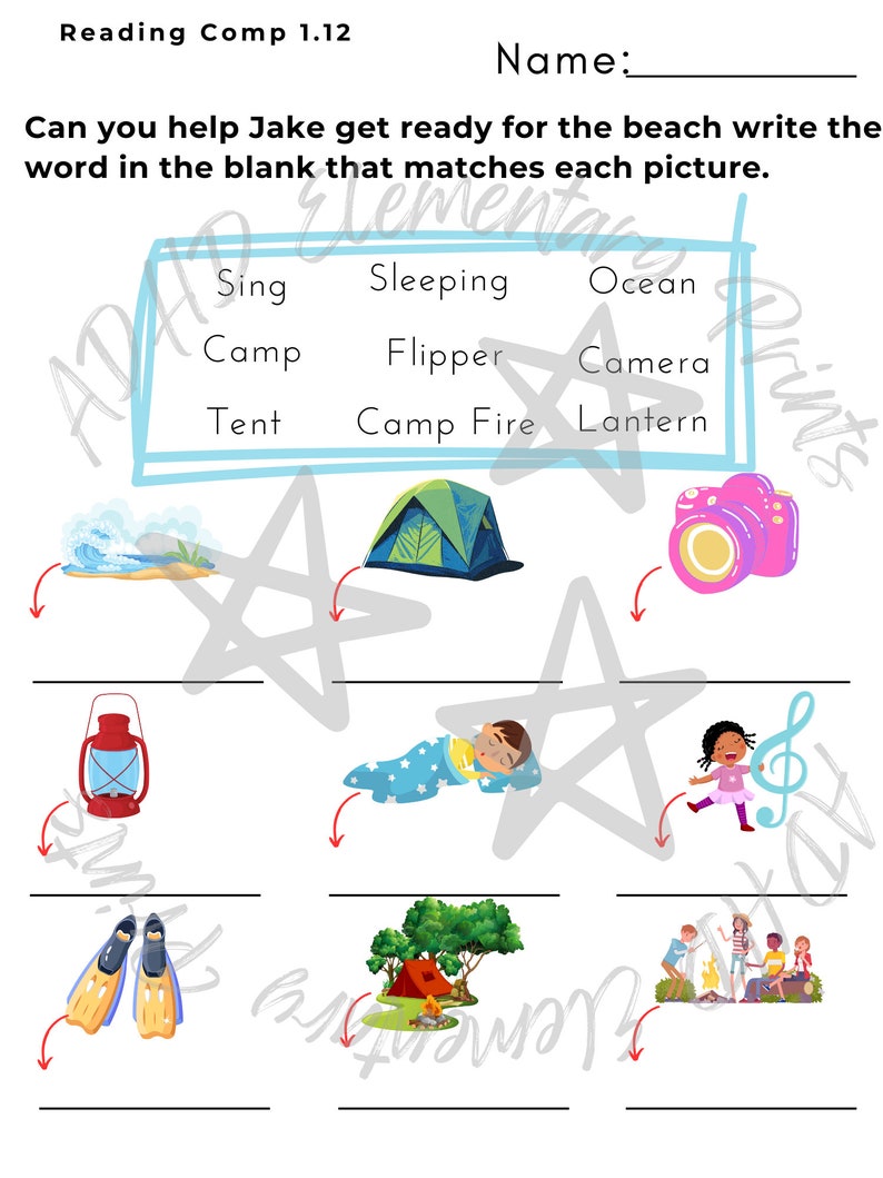 May include: A worksheet with illustrations of camping and beach activities. The worksheet asks the user to match the words to the pictures. The words include: sing, sleeping, ocean, camp, flipper, camera, tent, camp fire, and lantern.