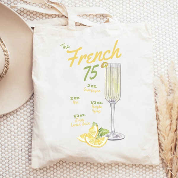 French 75 Cotton Canvas Tote Bag, Retro French 75 Canvas Bag, Vintage Cocktail Tote Bag, Bachelorette Party Tote, Cocktail Lover