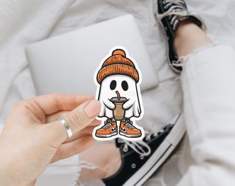 Hipster Ghost Sticker, Cute Fall Ghost, Retro Vibes, Vintage Halloween Sticker, Spooky Season, Autumn Ghost, Pumpkin Spice Coffee