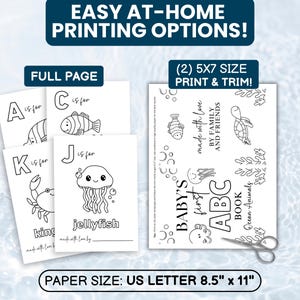 May include: A collection of printable baby ABC coloring pages featuring ocean animals. The pages include illustrations of a fish, crab, and jellyfish, with the text "Baby's First ABC Book." The paper size is US Letter 8.5" x 11".