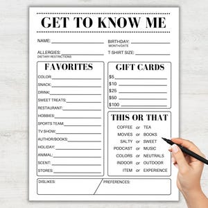 Getting to Know You Printable, All About Me Survey, Favorite Things List, Get to Know Me for Teachers Coworkers Employees, Team Building PDF