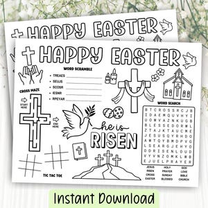 Easter Story Activity Placemat, Fun Sunday School Easter Craft, Kids Bible Coloring, Printable Activity Sheet, Engaging Christian Crafts