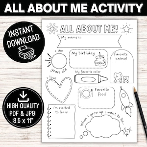 May include: Black and white printable "All About Me!" activity sheet for kids.  The sheet includes prompts for children to fill in their name, age, birthday, favorite animal, favorite color, favorite food, and what they want to be when they grow up.