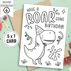 Happy Birthday Coloring Card, Printable Dinosaur Birthday Card, Digital Birthday Card, Color Your Own Card, Homemade Card, Coloring Activity